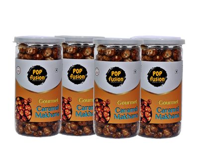 Popfusion Roasted & Flavoured Makhana- Classic Salted Caramel Makhana, Low Fat Snacks with Airtight Glass Jar- (Pack of 4, 140 g Each)