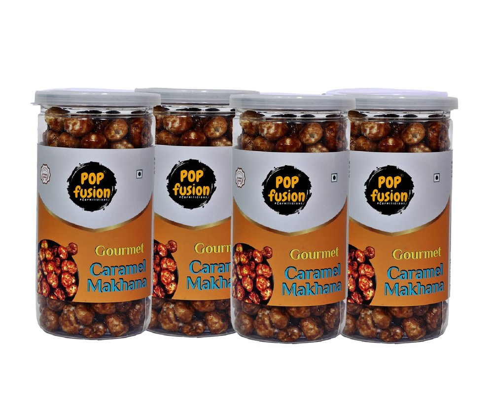Popfusion Roasted & Flavoured Makhana- Classic Salted Caramel Makhana, Low Fat Snacks with Airtight Glass Jar- (Pack of 4, 140 g Each)