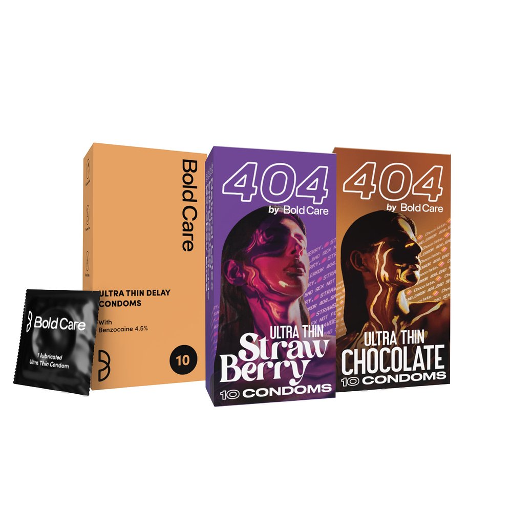 Bold Care Ultra Thin Delay Condoms + 404 Super Thin Strawberry and Chocolate Flavored Condoms - Combo Pack - 30 Pcs