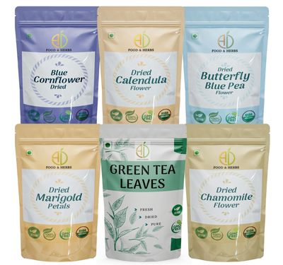 A D Food & Herbs Combo of Green Tea Leaves & Butterfly Pea Flower/Marigold/Blue Corn Flower/Camomile/Calendula- All Natural Flavour, Zero Calories (50 GMS x pack of 6)