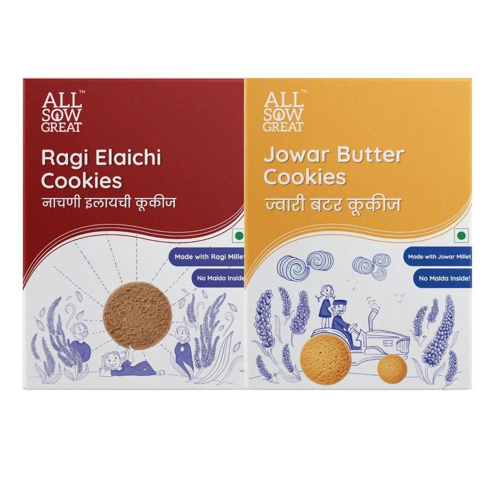 ALL SOW GREAT Jowar Butter Cookies & Ragi Elaichi Cookies Combo (200g x 2) No Maida