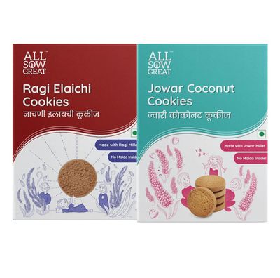 ALL SOW GREAT Millet Cookies Ragi Elaichi & Jowar Coconut Cookies 200 (Pack of 2) | No Maida Inside, Made With Ragi Millet | Healthy Cookies for Tea Time