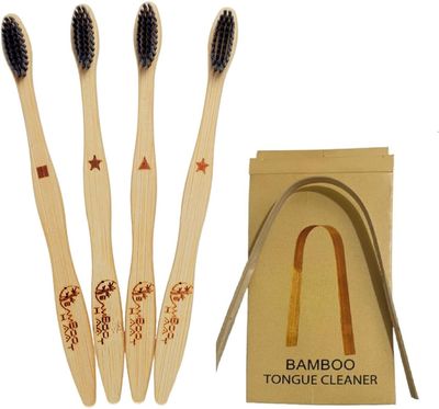 BAMBOO HAAT Organic Bamboo Wooden Toothbrush for Women & Men with Charcoal Soft Bristles | Biodegradable | Anti-Bacterial | Eco-friendly | Natural (Pack of 4 brush with free 1 Tongue Cleaner)