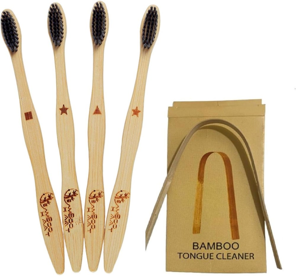 BAMBOO HAAT Organic Bamboo Wooden Toothbrush for Women & Men with Charcoal Soft Bristles | Biodegradable | Anti-Bacterial | Eco-friendly | Natural (Pack of 4 brush with free 1 Tongue Cleaner)