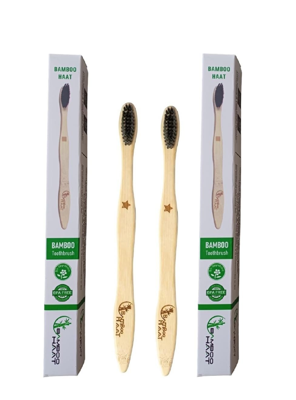 BAMBOO HAAT Organic Bamboo Wooden Toothbrush for Women & Men with Charcoal Soft Bristles | Biodegradable | Anti-Bacterial | Eco-friendly | Natural (Pack of 2)