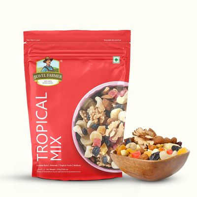 JEWEL FARMER Tropical Mix with Almonds, Cashewnuts, Pineapple, Black Raisins, Papaya, Dried Mango, Walnut, Assorted Fruits & Nuts (200g)