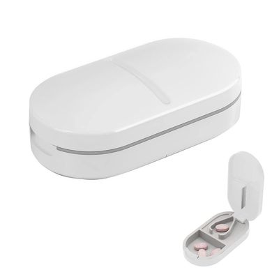 HANNEA Pill Cutter, Portable Pill Splitter 2-in-1 Pill Case with Stainless Steel Blade, for Small or Large Vitamins Tablets, with Mini Pill Organizer Compartment, White