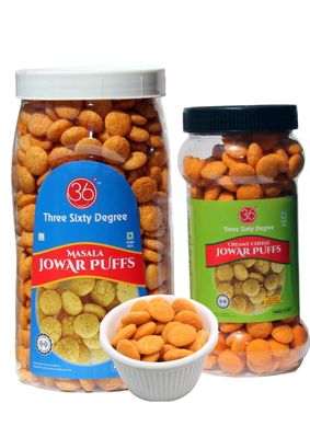 360 Slow Roasted Jowar Puffs Combo | Palm Oil and Maida Free | Masala Big Jar and Creamy Cheese Small Jar | Healthy Snack Variety | 160g + 80g