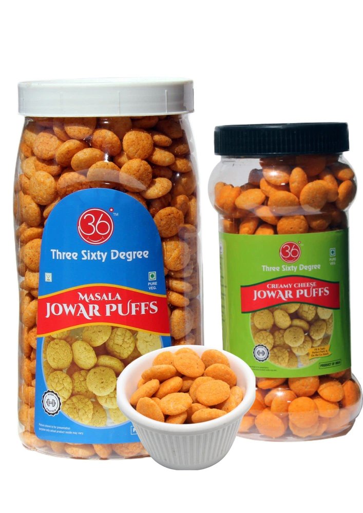 360 Slow Roasted Jowar Puffs Combo | Palm Oil and Maida Free | Masala Big Jar and Creamy Cheese Small Jar | Healthy Snack Variety | 160g + 80g