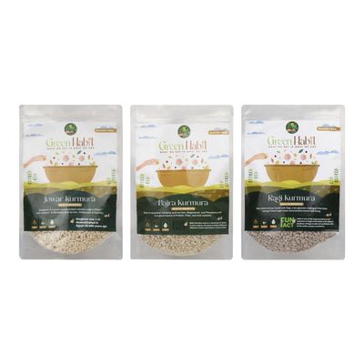 Greenhabit Jowar, Ragi & Bajra 1.2 kg trio Kurmura pack (Bajri Puff 400 gm,Jowar Puffs 400 g, nachini puff 400g Kurumura a.k.a Sorghum, Finger millet & Pearl Millet Puffed