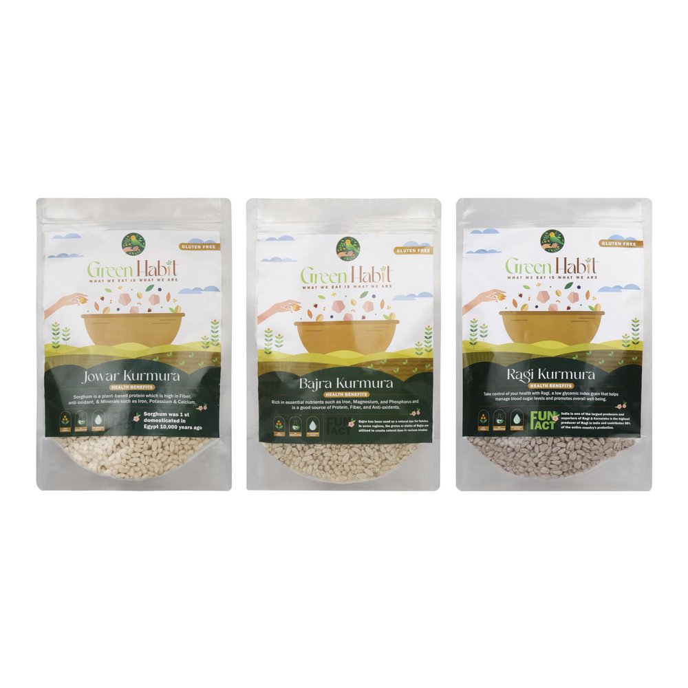 Greenhabit Jowar, Ragi & Bajra 1.2 kg trio Kurmura pack (Bajri Puff 400 gm,Jowar Puffs 400 g, nachini puff 400g Kurumura a.k.a Sorghum, Finger millet & Pearl Millet Puffed