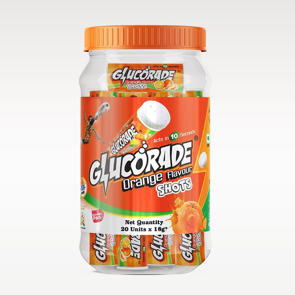 Glucorade Shots Glucose Energy Orange Flavour Jar pack of 20 Tubes (1 Jar) Each tube contain 9 Tablets