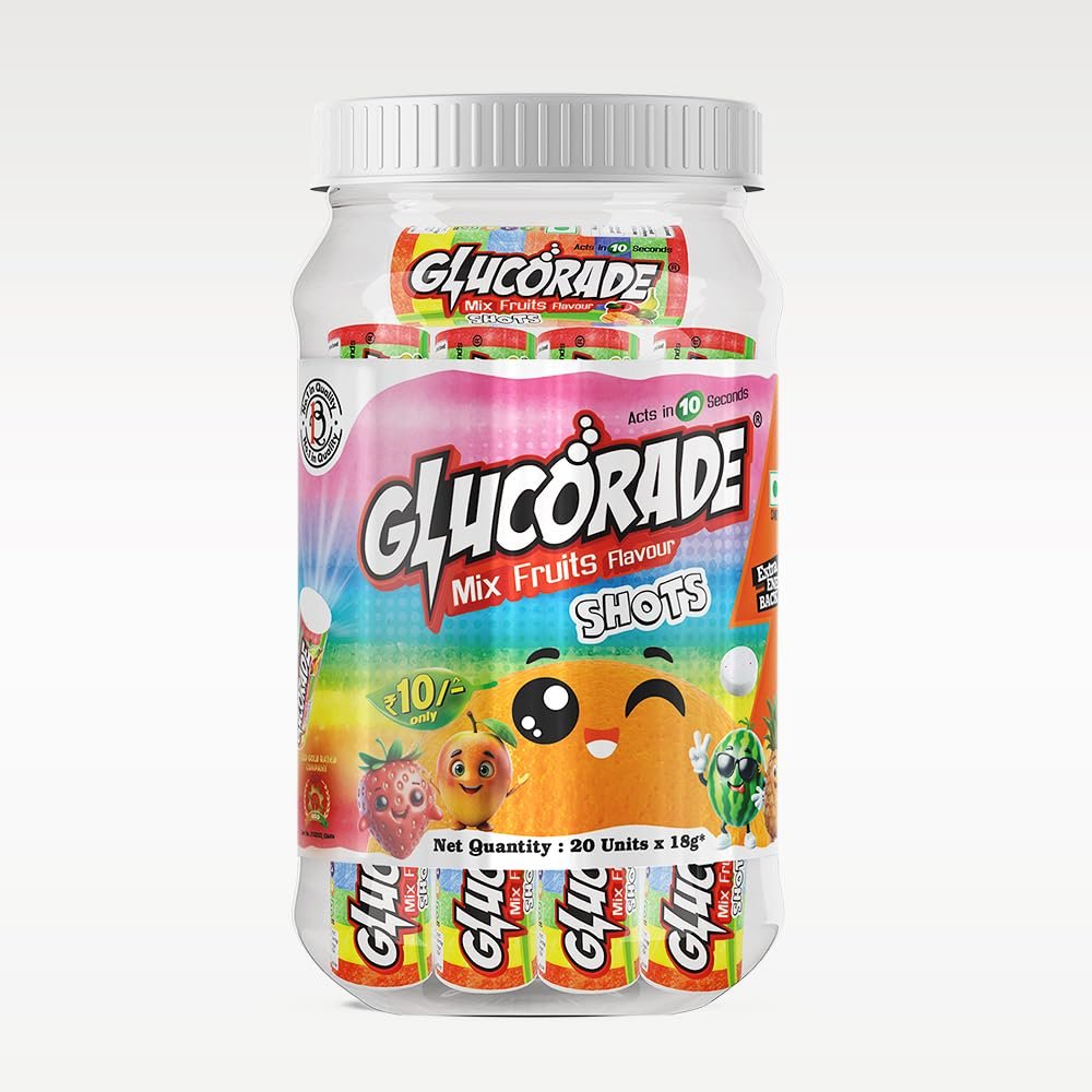 Glucorade Shots Glucose Energy Tablets | Mix Fruit Flavour | Jar pack of 20 Tubes | Glucose provides instant energy