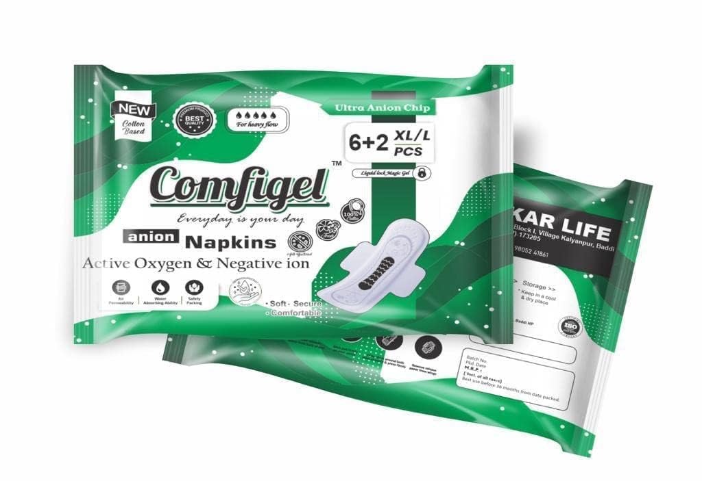 COMFIGEL Anion Sanitary Napkin | Anion Day Use Pad for Extra Comfort | Unscented Sanitary Pads | Green (Pack of 4 x 2 Liner) (Grey Chip, XL)