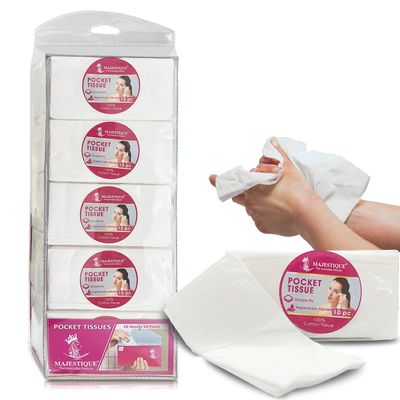 Majestique 100pcs Pocket Tissues 20 x 20 cm Travel Pocket Hanky, Rectangle Pouch - Individual Mini Facial Tissue Packs - 2 Ply Tissues for Funeral, Wedding, Graduation Party & Daily Use
