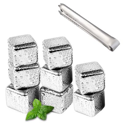 Nutabevr Set of 8 Ice Cubes, Stainless Steel, 304 Stainless Steel, Reusable Whisky Stones Set + Clips, Frozen Ice Cubes for Wine, Vodka, Liquor, Drink Juice or Lemonade