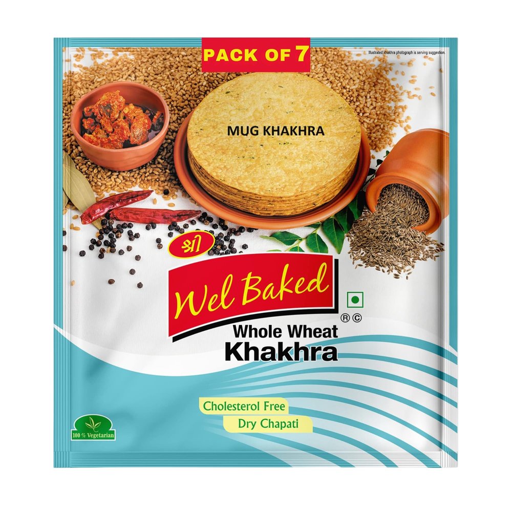 Wel Baked Whole Wheat Khakhra - Pack of 7 | Moong Masala | Dry Chapati | Khakra Fresh Gujarati Namkeen Snacks | Ready To Eat - Roasted - Khakhra Snacks| Vacuum Packed