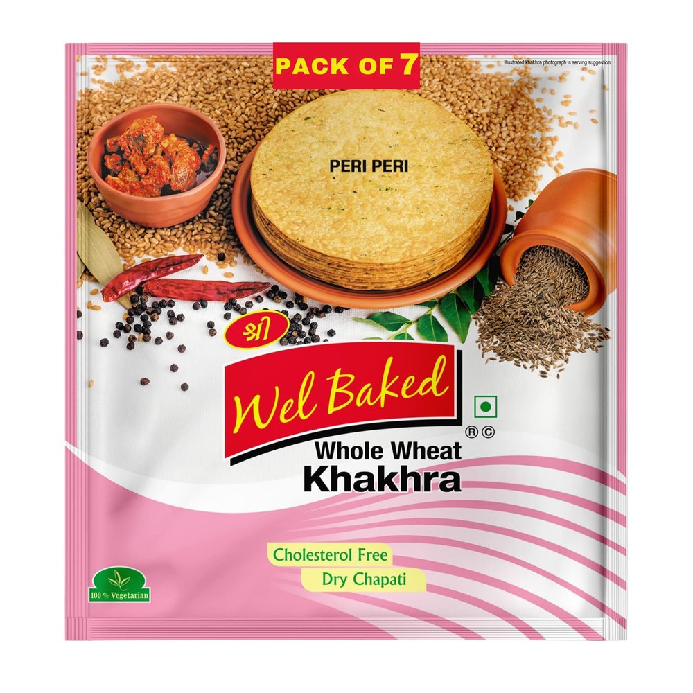 Wel Baked Whole Wheat Khakhra - Pack of 7 | Peri Peri | Dry Chapati | Khakra Fresh Gujarati Namkeen Snacks | Ready To Eat - Roasted - Khakhra Snacks| Vacuum Packed