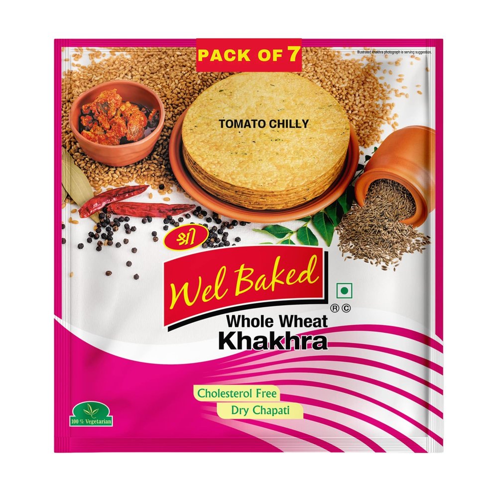 Wel Baked Whole Wheat Khakhra - Pack of 7 | Tomato Chilly | Dry Chapati | Khakra Fresh Gujarati Namkeen Snacks | Ready To Eat - Roasted - Khakhra Snacks| Vacuum Packed
