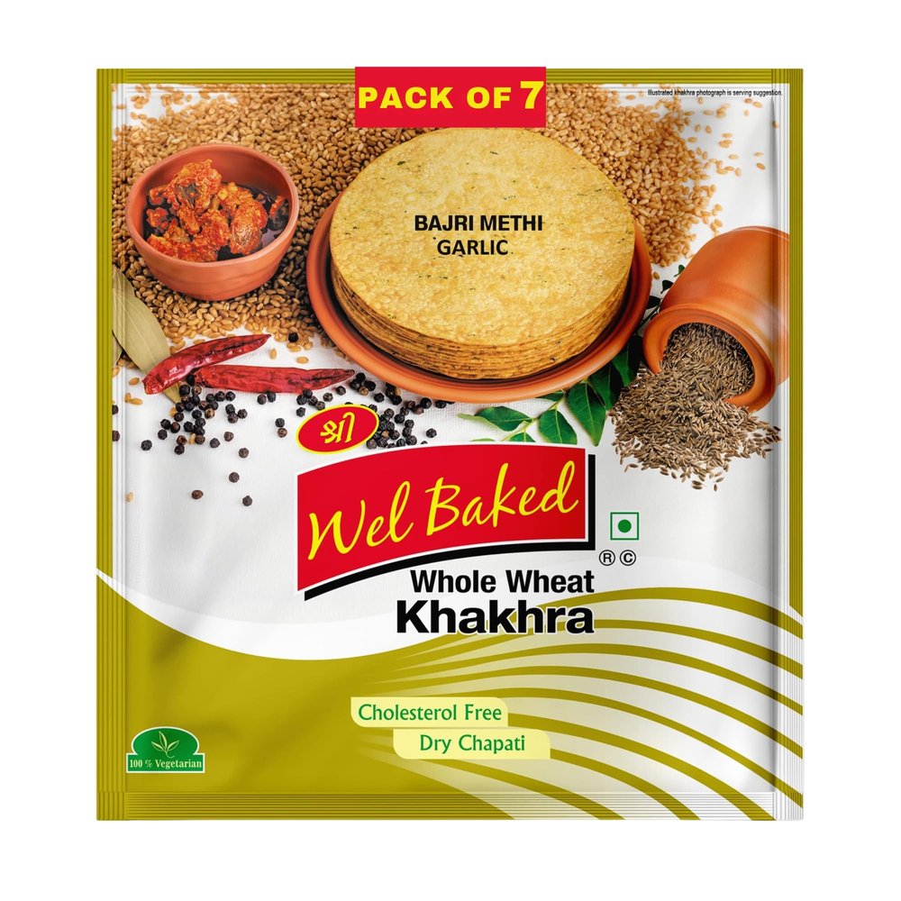 Wel Baked Whole Wheat Khakhra - Pack of 7 200Gms | Bajri Methi Garlic | Dry Chapati | Khakra Fresh Gujarati Namkeen Snacks | Ready To Eat - Roasted - Khakhra Snacks| Vacuum Packed