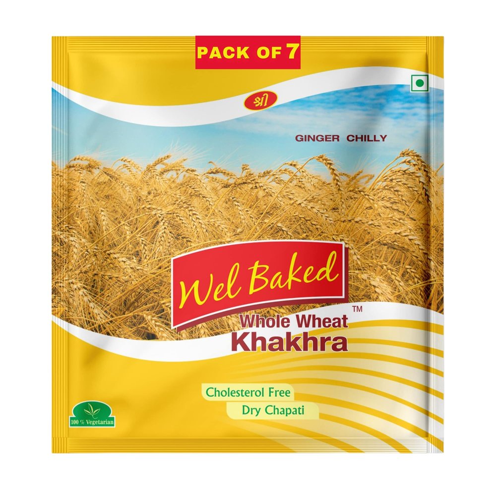 Wel Baked Whole Wheat Khakhra - Pack of 7, 200 Gram | Ginger Chilly | Dry Chapati | Khakra Fresh Gujarati Namkeen Snacks | Ready To Eat - Roasted - Khakhra Snacks| Vacuum Packed