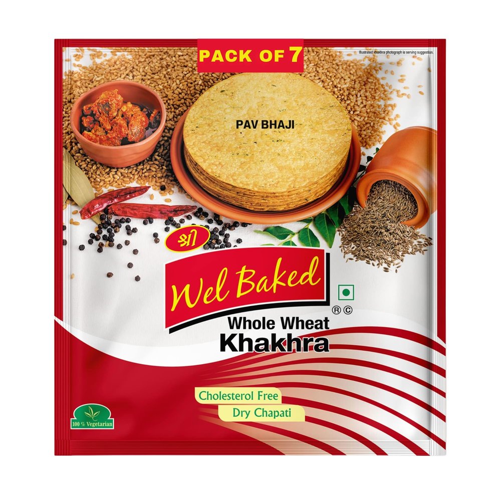 Wel Baked Whole Wheat Khakhra - Pack of 7 | Pav Bhaji | Dry Chapati | Khakra Fresh Gujarati Namkeen Snacks | Ready To Eat - Roasted - Khakhra Snacks| Vacuum Packed