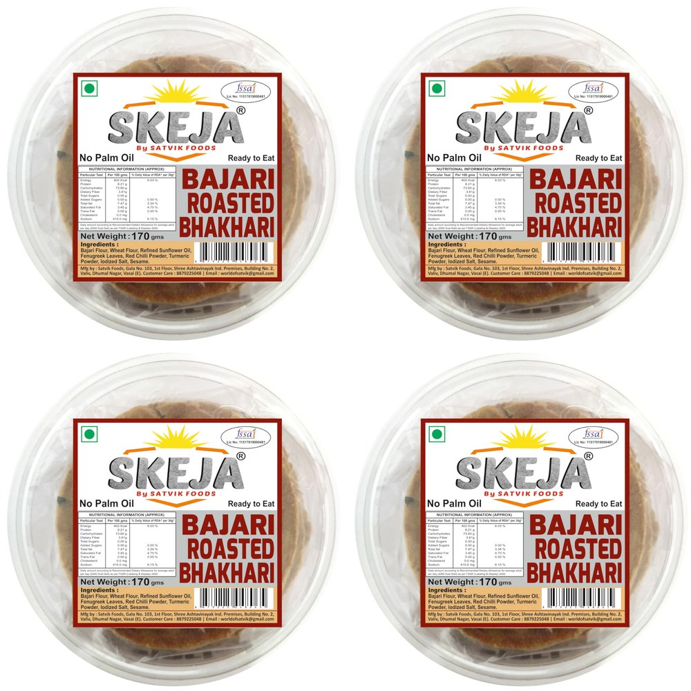 SKEJA By Satvik Foods Methi Jowar Jeera Gud Roasted Bhakhari| No Palm Oil| Made With Sunflower oil Bhakri Snacks | Bhakhri 170 Gram (Pack of 4) (Bajra)