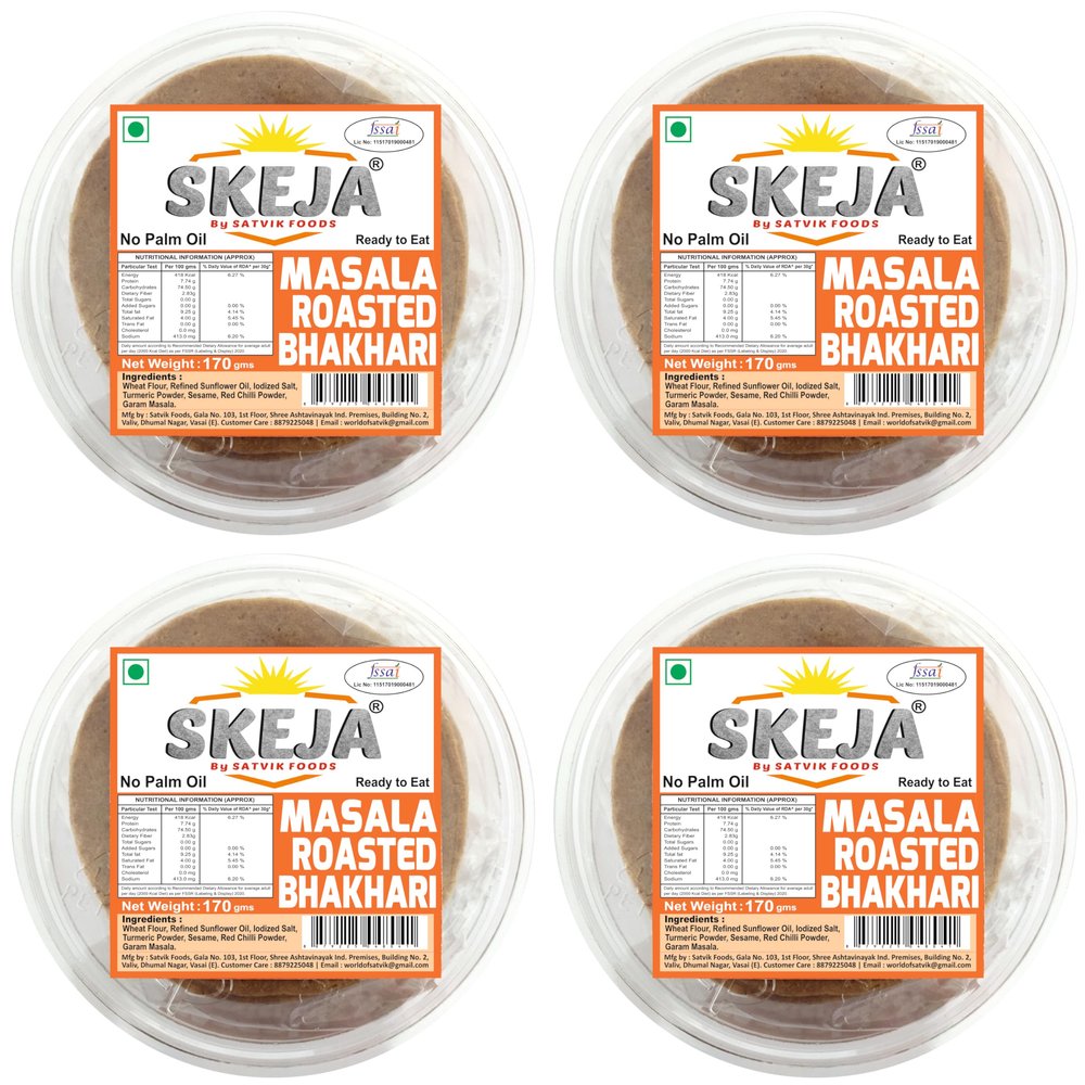 SKEJA By Satvik Foods Masala Roasted Bhakhari| Bhakri Snacks |No Palm Oil|Made With Sunflower Oil Bhakhri 170 Gram (Pack of 4) (Masala)