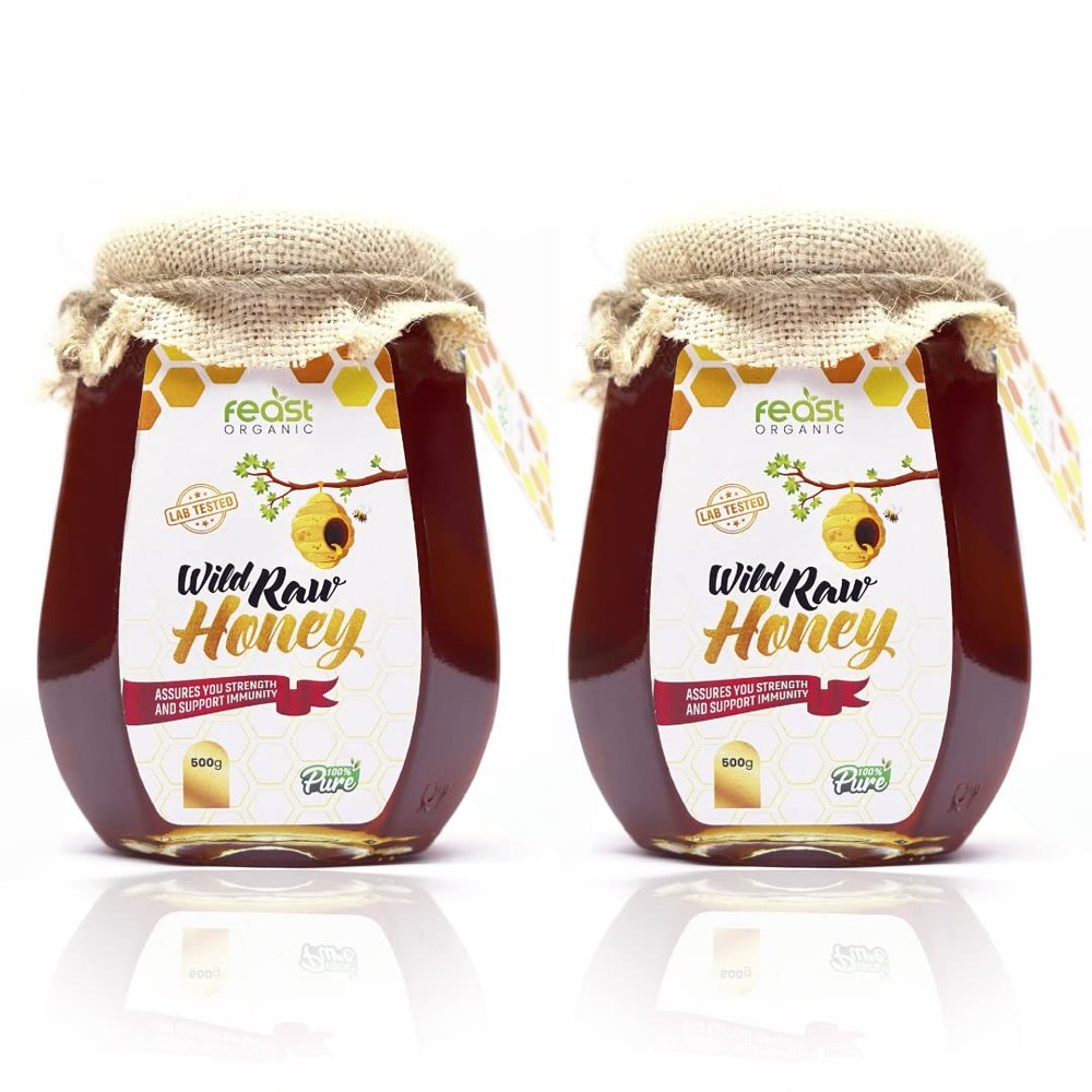 Feast Organic Raw Organic Honey 100% Pure Natural Unprocessed Original Honey No Sugar Adulteration - 500 g Glass Jar Combo pack 500gm each (500gram x 2) 1 kg