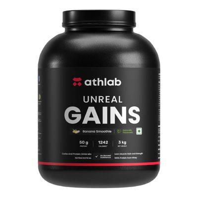 Athlab (by Nutrabay) Unreal Gains Mass Gainer | Organic Tapioca, Naturally Flavoured & Sweetened with Monk Fruit | 50g Protein, 1242 Caloreis, Easy Digesting Weight Gain Protein Powder - Banana Smoothie, 3 kg