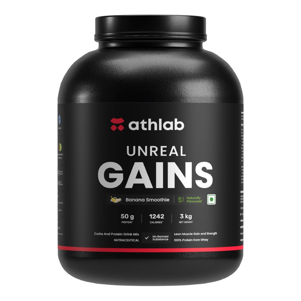 Athlab (by Nutrabay) Unreal Gains Mass Gainer | Organic Tapioca, Naturally Flavoured & Sweetened with Monk Fruit | 50g Protein, 1242 Caloreis, Easy Digesting Weight Gain Protein Powder - Banana Smoothie, 3 kg