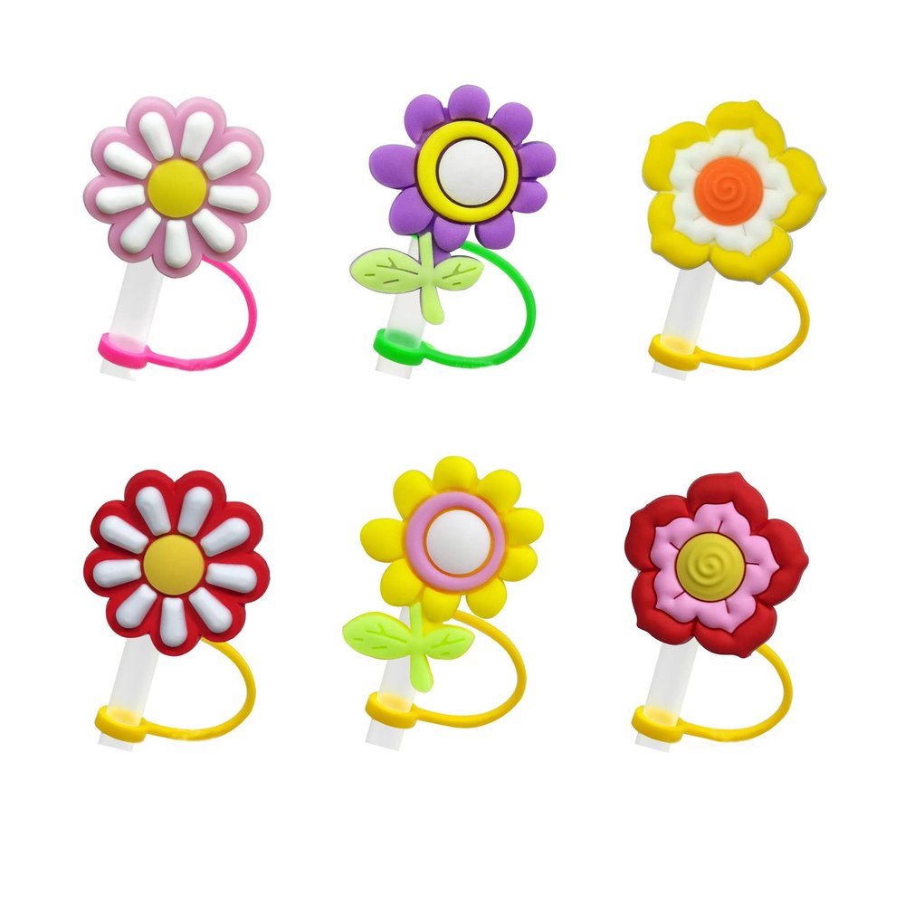 6Pcs Silicone Straw Tip Covers, Reusable Drinking Straw Covers Cap, Straw Toppers for Tumblers, Splash Proof Straw Tips, Dust-Proof Straw Toppers for 7-8 mm Straws (Flowers Straw Cover)