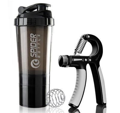 Cool India Gym Shaker Bottle 500 ML with Hand Exerciser Gripper,10 to 40kg (Pack of 2) (Black)