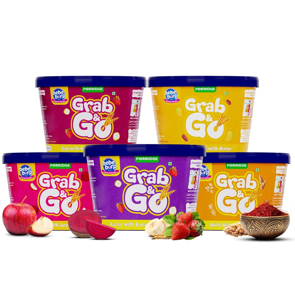 BE'BE' BURP Travel Pack Grab-N-Go | Mix Porridge Combo | Natural Food No Sugar No Salt | No Artificial Preservatives & Flavors | Real Fruits & Vegetables | Porridge-25 gram Each (Pack Of 5)