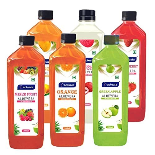 AACTUALA Aloe Vera Coconut Water Fruit Juice Pack-200ml (Each Pack) | Aloevera Pulp | Coconut Water | Ready To Serve Drink (Mango, Litchi, Strawberry, Mix Fruit, Orange, Green Apple) Combo Pack of 12
