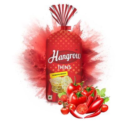 Hangrow Thins Tomato Chilli (150G) - Gluten Free | Popped Corn | Healthy Snack | Low Fat | High Fiber | Irresistible Flavor Bursting with The Taste of Ripe Tomatoes and Fiery Chilli