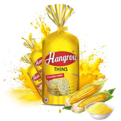 Hangrow Thins Golden Corn (150G) - Gluten Free | Popped Corn | Healthy Snack | Diabetic Friendly | Low Fat | High Fiber | No Artificial Flavors or Colors, and Irresistible Natural Corn Taste! (3+1FREE)