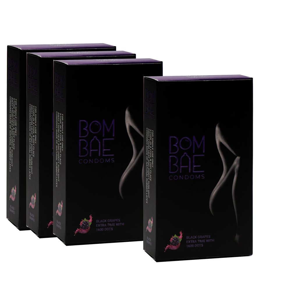BOMBAE condoms Black Grapes Extra Time with 1600 dots Pack of 4 condoms for men family pack flavour Combo Pack of 4 (10 pieces per pack) 40 Dotted condoms for men family pack