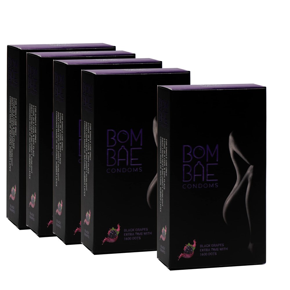 BOMBAE condoms Black Grapes Extra Time with 1600 dots Pack of 5 condoms for men family pack flavour Combo Pack of 5 (10 pieces per pack) 50 Dotted condoms for men family pack