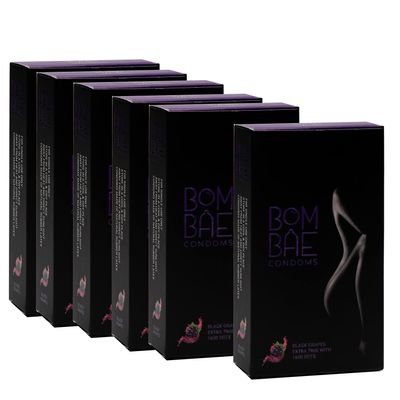 BOMBAE condoms Black Grapes Extra Time with 1600 dots Pack of 6 condoms for men family pack flavour Combo Pack of 6 (10 pieces per pack) 60 Dotted condoms for men family pack