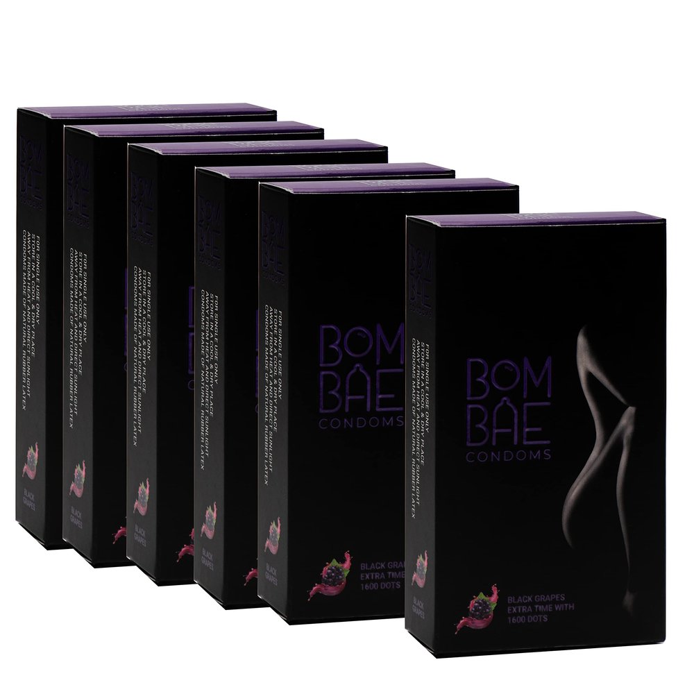 BOMBAE condoms Black Grapes Extra Time with 1600 dots Pack of 6 condoms for men family pack flavour Combo Pack of 6 (10 pieces per pack) 60 Dotted condoms for men family pack