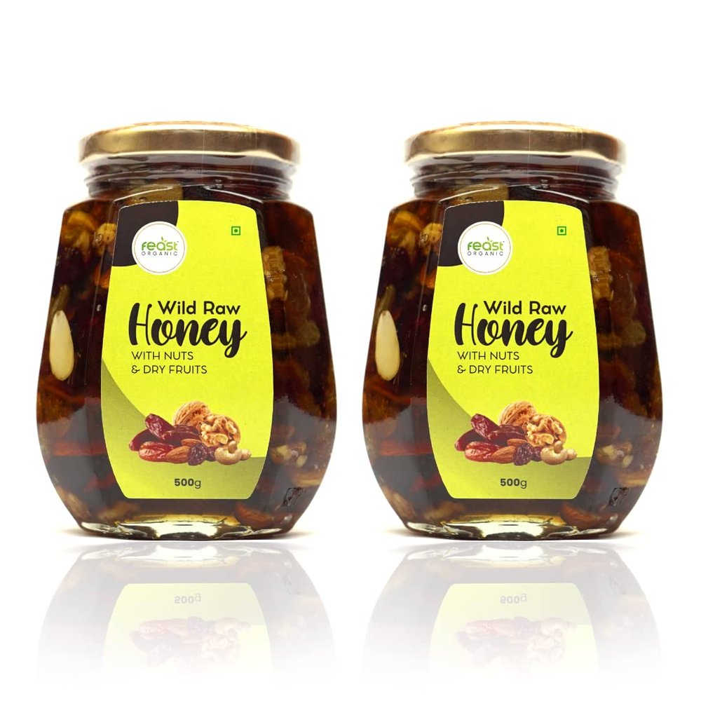 Feast Organic Wild Honey with mix Dry Fruits & Nuts | No Added Sugar | Pure and Natural Dry Fruits & Nuts mixed with Organic Honey raw 500gram | Glass Jar Combo pack 500gm each (500g x 2) 1 kg