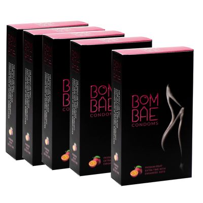 BOMBAE condoms Passion Fruit Extra time with Enhanced dots Pack of 5 condoms for men family pack flavour Combo Pack of 5 (10 pieces per pack) 50 Dotted condoms for men family pack