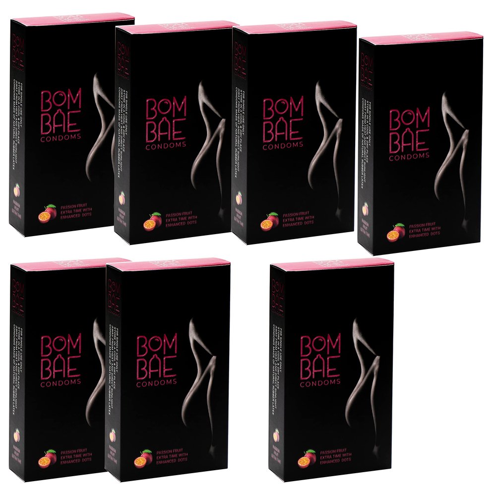 BOMBAE condoms Passion Fruit Extra time with Enhanced dots Pack of 7 condoms for men family pack flavour Combo Pack of 7 (10 pieces per pack) 70 Dotted condoms for men family pack