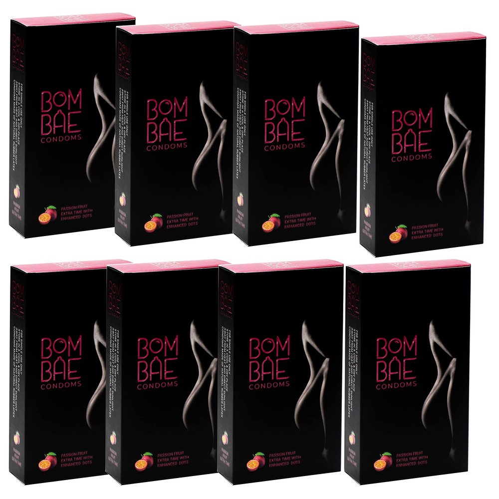 BOMBAE condoms Passion Fruit Extra time with Enhanced dots Pack of 8 condoms for men family pack flavour Combo Pack of 8 (10 pieces per pack) 80 Dotted condoms for men family pack