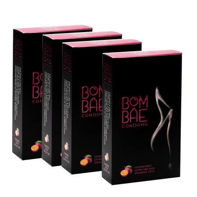 BOMBAE condoms Passion Fruit Extra time with Enhanced dots Pack of 4 condoms for men family pack flavour Combo Pack of 4 (10 pieces per pack) 40 Dotted condoms for men family pack