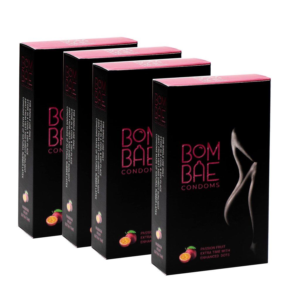 BOMBAE condoms Passion Fruit Extra time with Enhanced dots Pack of 4 condoms for men family pack flavour Combo Pack of 4 (10 pieces per pack) 40 Dotted condoms for men family pack