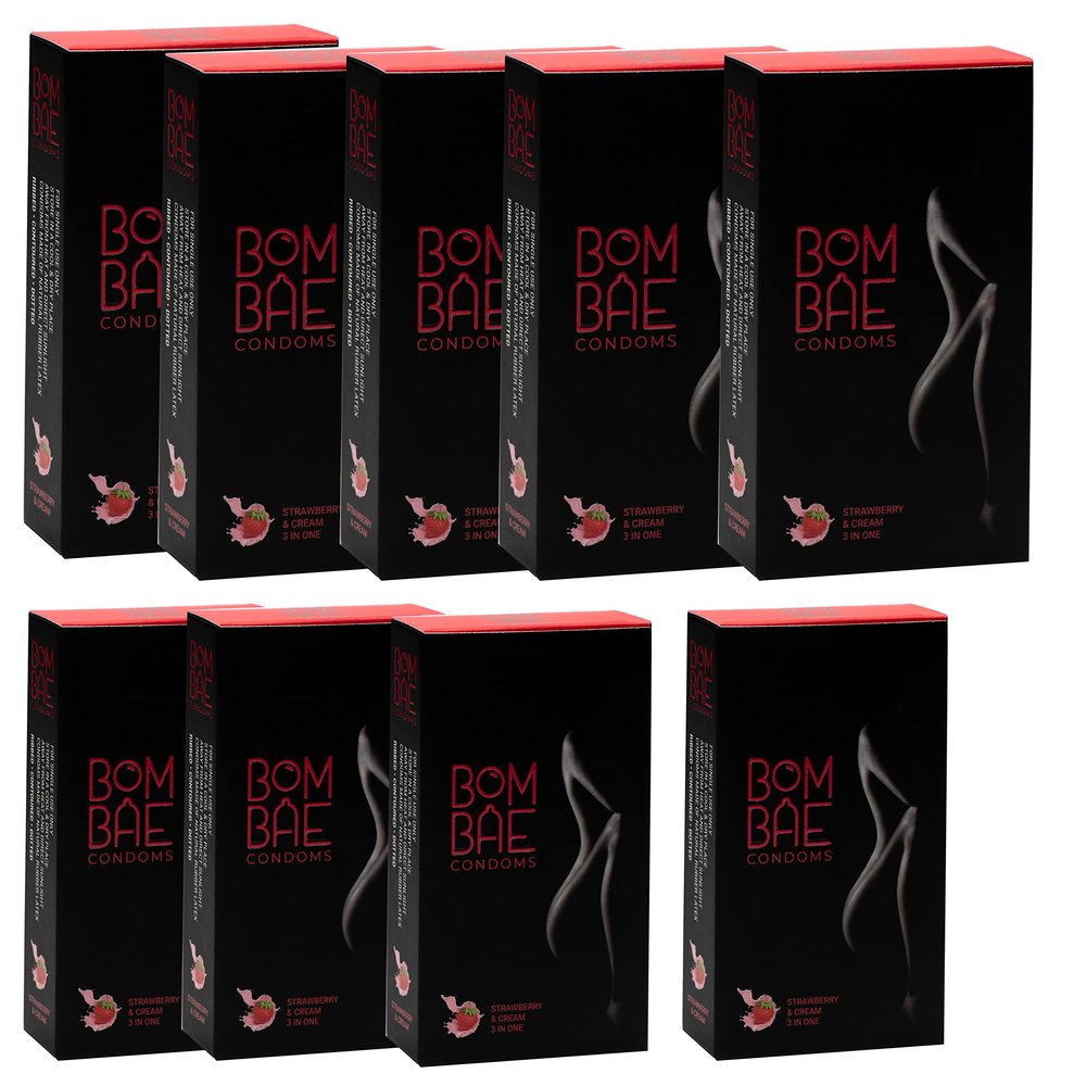 BOMBAE condoms Strawberry & Cream 3 in One extra dotted, Pack of 9 condoms for men family pack flavour Combo Pack of 9 (10 pieces per pack) 90 Dotted condoms for men family pack