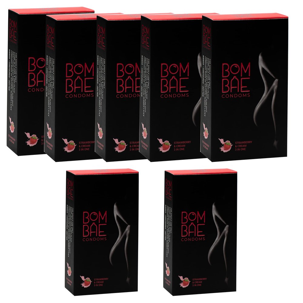 BOMBAE condoms Strawberry & Cream 3 in One extra dotted, Pack of 7 condoms for men family pack flavour Combo Pack of 7 (10 pieces per pack) 70 Dotted condoms for men family pack