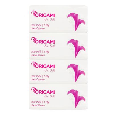 Origami 2 Ply Facial Tissue Soft Pack | Car Tissue - Pack of 4 (200 Pulls Per Box, 800 Sheets)